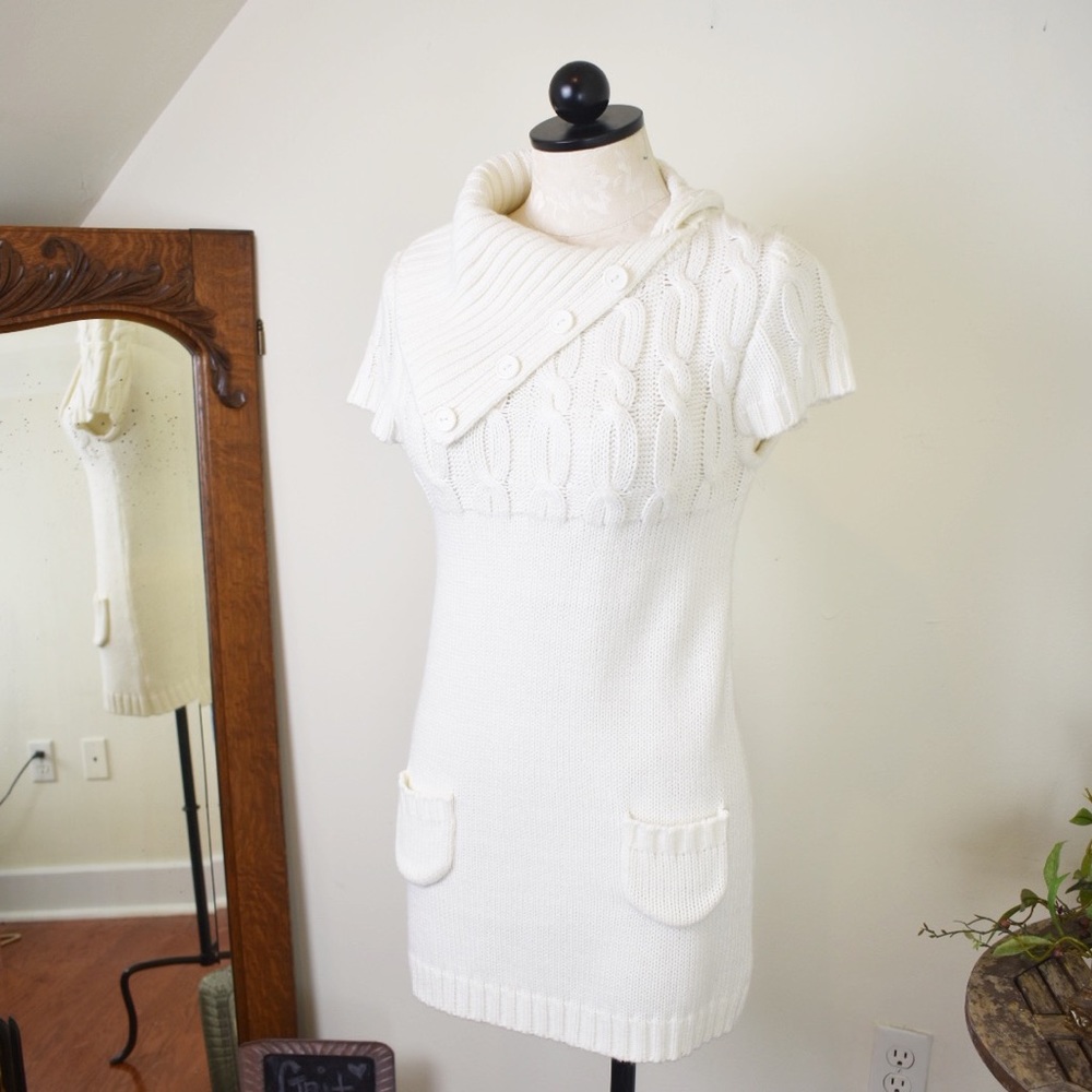 ad:hoc Ivory Cowl Neck Cable Knit Sweater Dress
